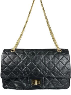 Chanel Re-Issue 2.55 Gold Chain Double Flap Black Calfskin Quilted Leather